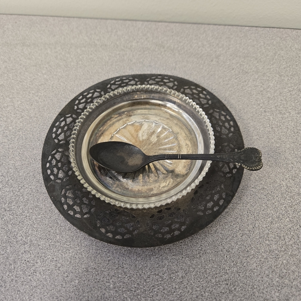 Silverplate Tarnished Relish Dish With Spoon